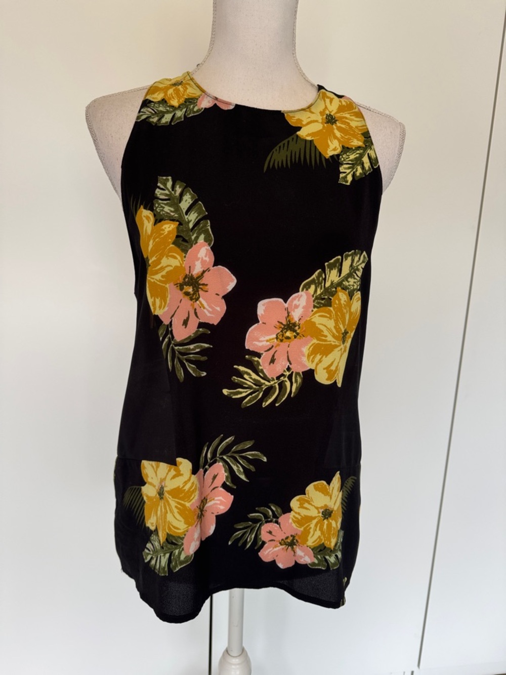 Sophie Rue medium Black Halter Tank with Yellow & Pink Floral Print
